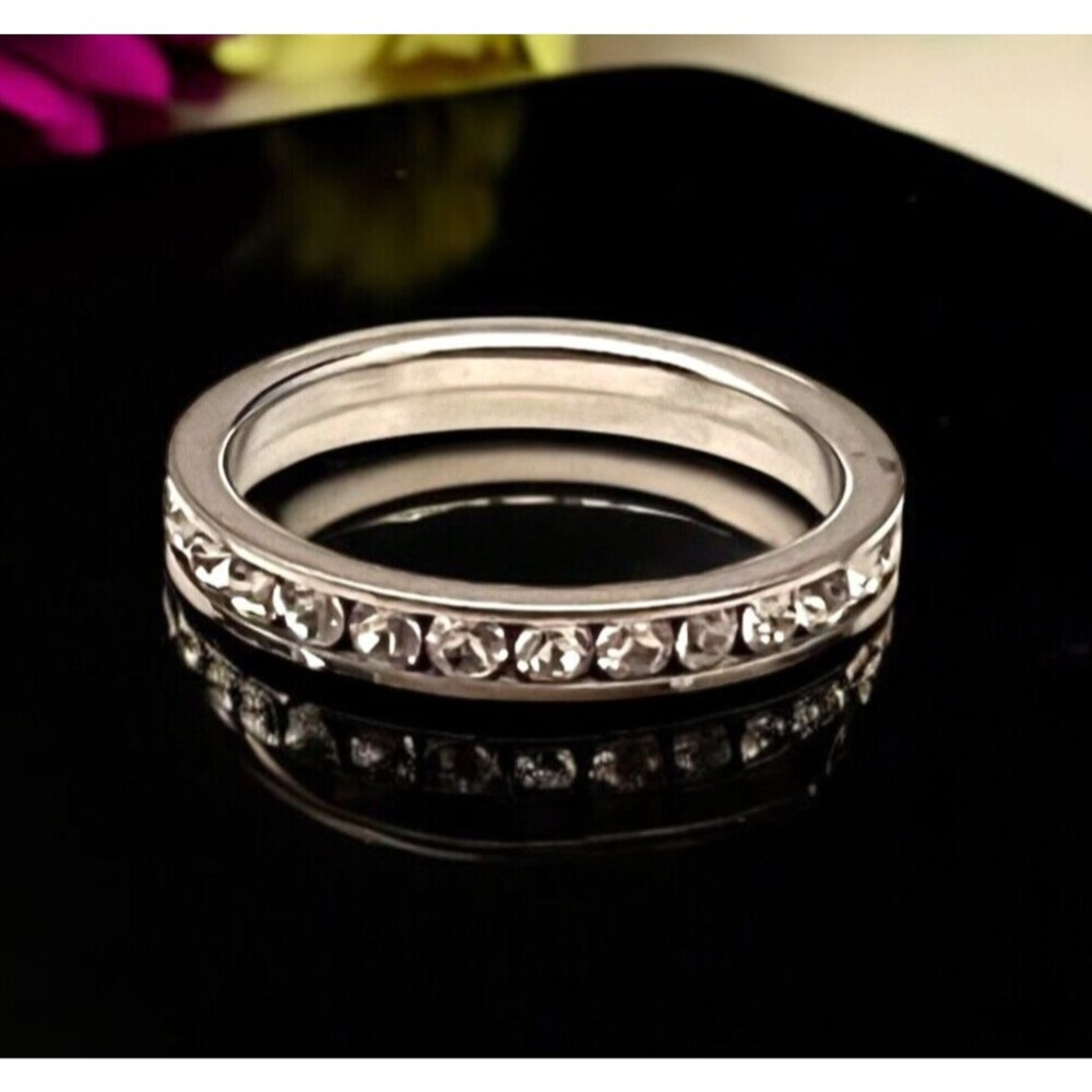 New Silver Tone Ring Size 5 Stackable Band Clear Crystals - 2P